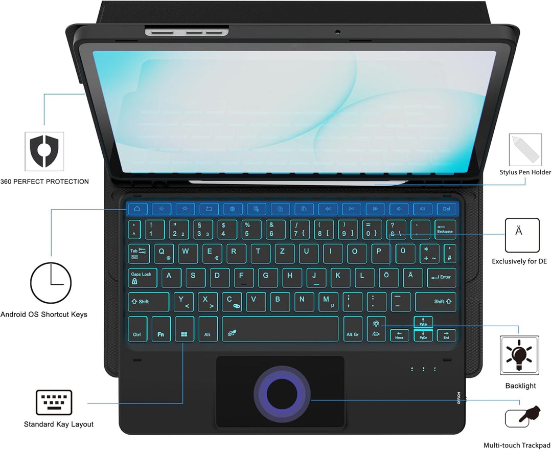 ROOFEI Für Galaxy Tab A11+/A9+ Hülle mit Tastatur - 7 Farben Beleuchtung Abnehmbare Trackpad Tablet