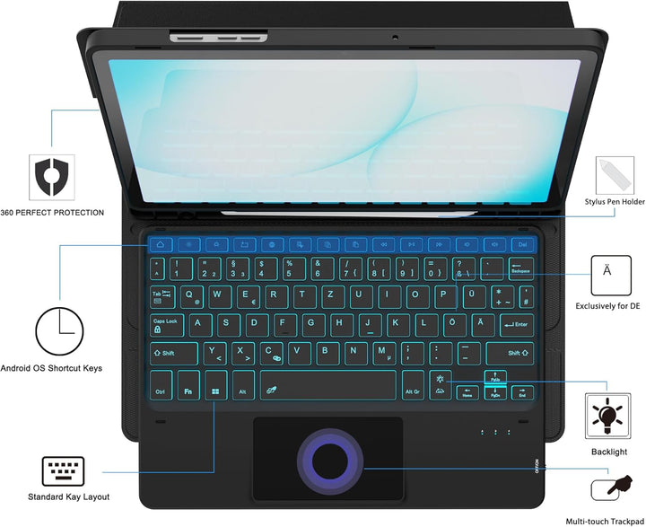 ROOFEI Für Galaxy Tab A11+/A9+ Hülle mit Tastatur - 7 Farben Beleuchtung Abnehmbare Trackpad Tablet