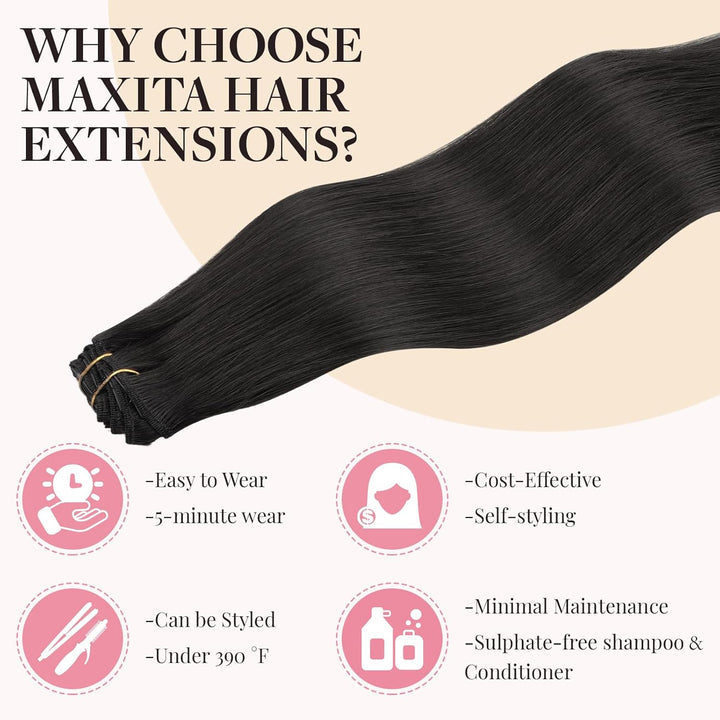 MAXITA Echthaar Extensions Clip, 40cm 16 Zoll 120g 7 Stück Naturschwarz Clip in Extensions Echthaar