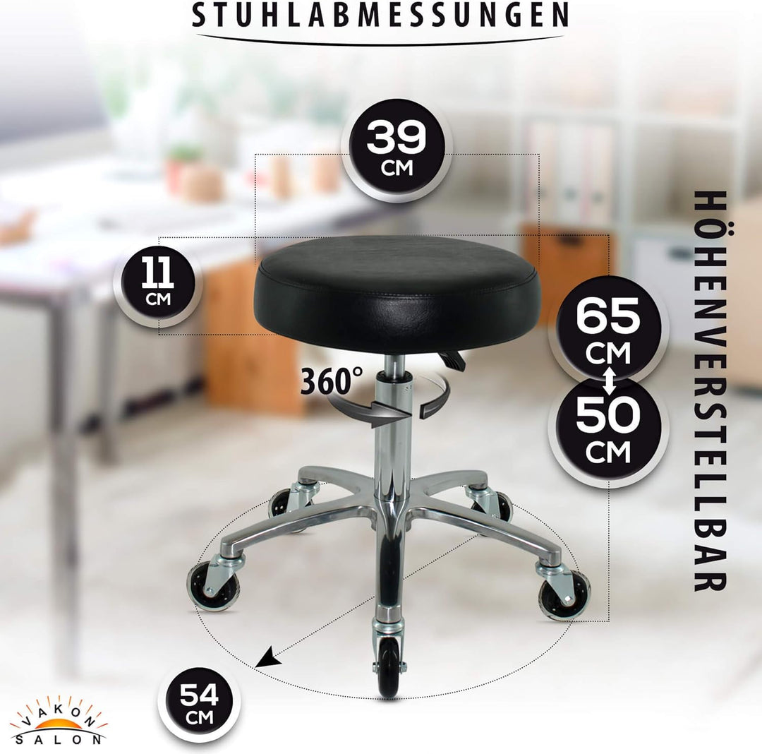 VAKON SALON - Premium Rollhocker höhenverstellbar von 50 bis 65 cm - Rundsitz- Drehhocker Arbeitshoc