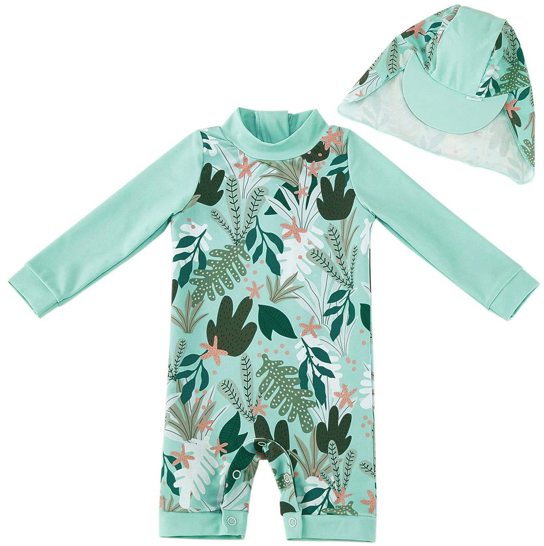 UMELOK Baby Badebekleidung Mädchen Badeanzug mit Sonnenhut UV Schutz 9-12 Monate Grüne,tropische Pfl