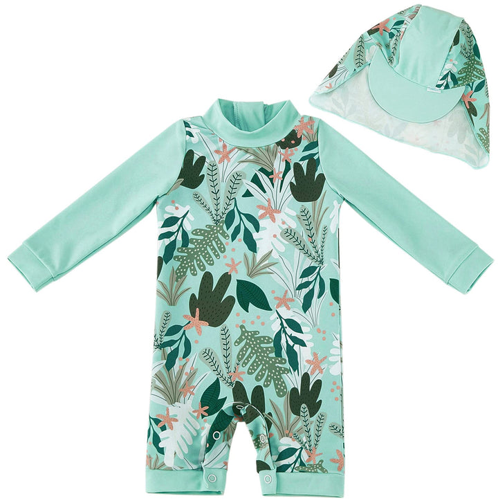 UMELOK Baby Badebekleidung Mädchen Badeanzug mit Sonnenhut UV Schutz 9-12 Monate Grüne,tropische Pfl