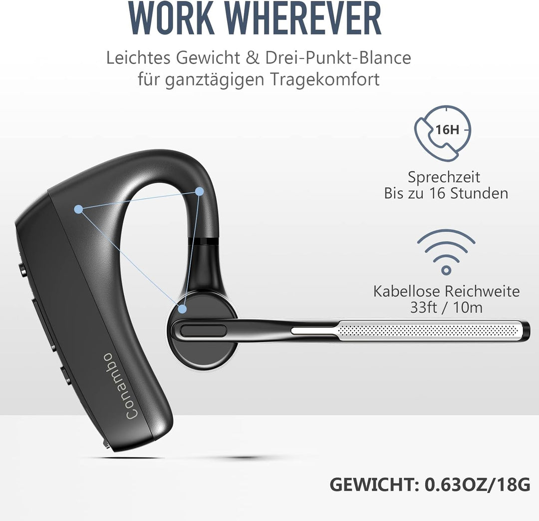 Conambo K18 Headset Bluetooth V5.1, CVC8.0 Geräuschunterdrückung mit Zwei , 16-Stunden Gesprächszeit