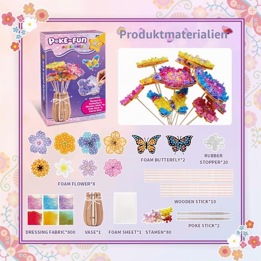 FORESTDREAM Blumen Poke Art Bastelset, DIY Blumenstrauss Basteln mit 8 Blumen und 2 Schmetterlingen,