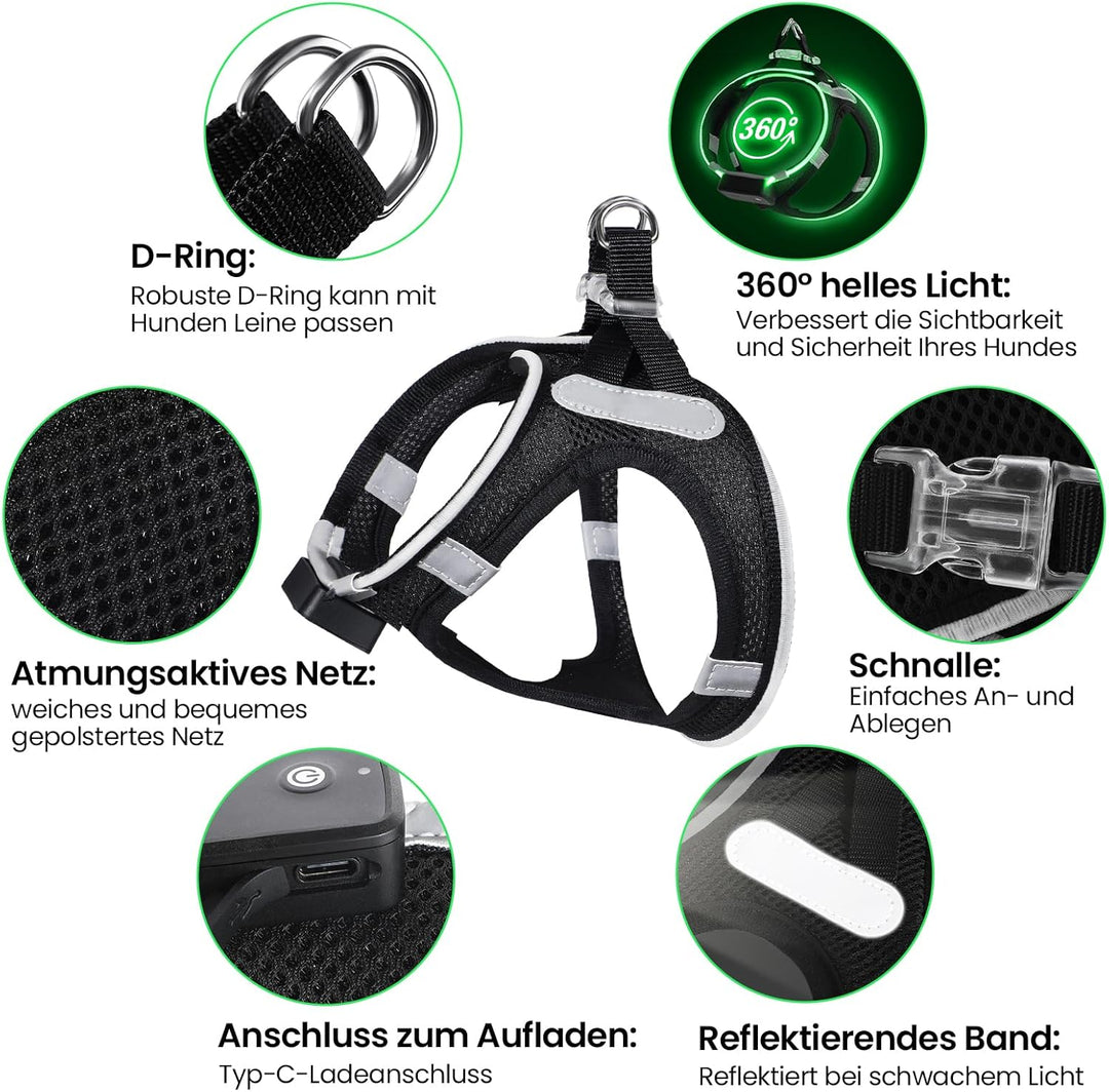PcEoTllar Hundegeschirr Leuchtend USB Aufladbar Reflektierendes Leuchtgeschirr LED Leucht Brustgesch