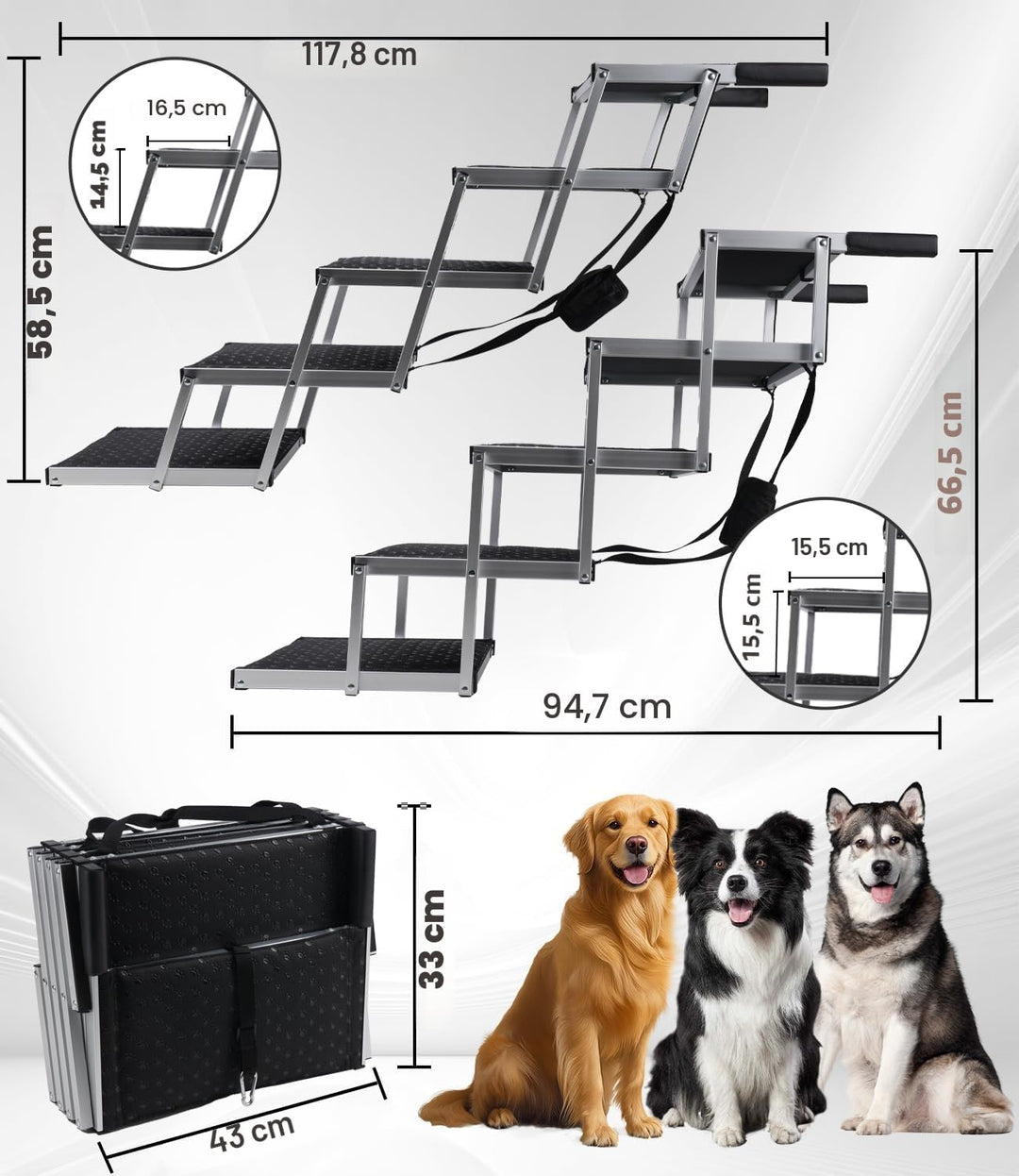 Hundetreppe Auto, Hunderampe Auto klappbar, Haustiertreppe, 5 Stufen Hundeleiter bis 80kg, Rampe Hun