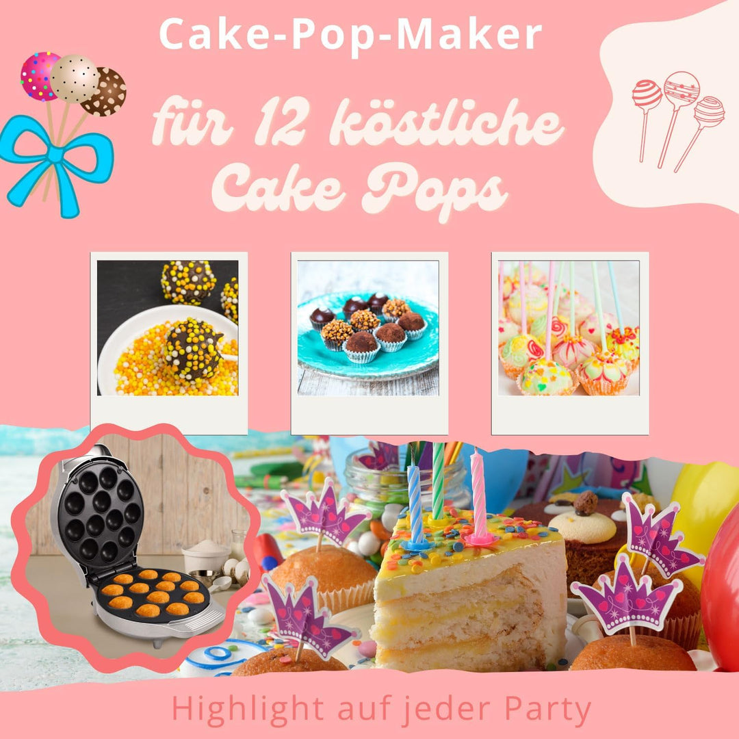 Syntrox Cake Pop Maker | Maschine | Popcakes Maker für 12 Cake Pops, 1200 Watt, Silber, Antihaftbesc