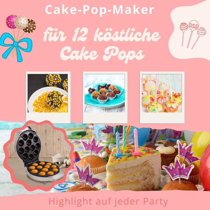 Syntrox Cake Pop Maker | Maschine | Popcakes Maker für 12 Cake Pops, 1200 Watt, Silber, Antihaftbesc