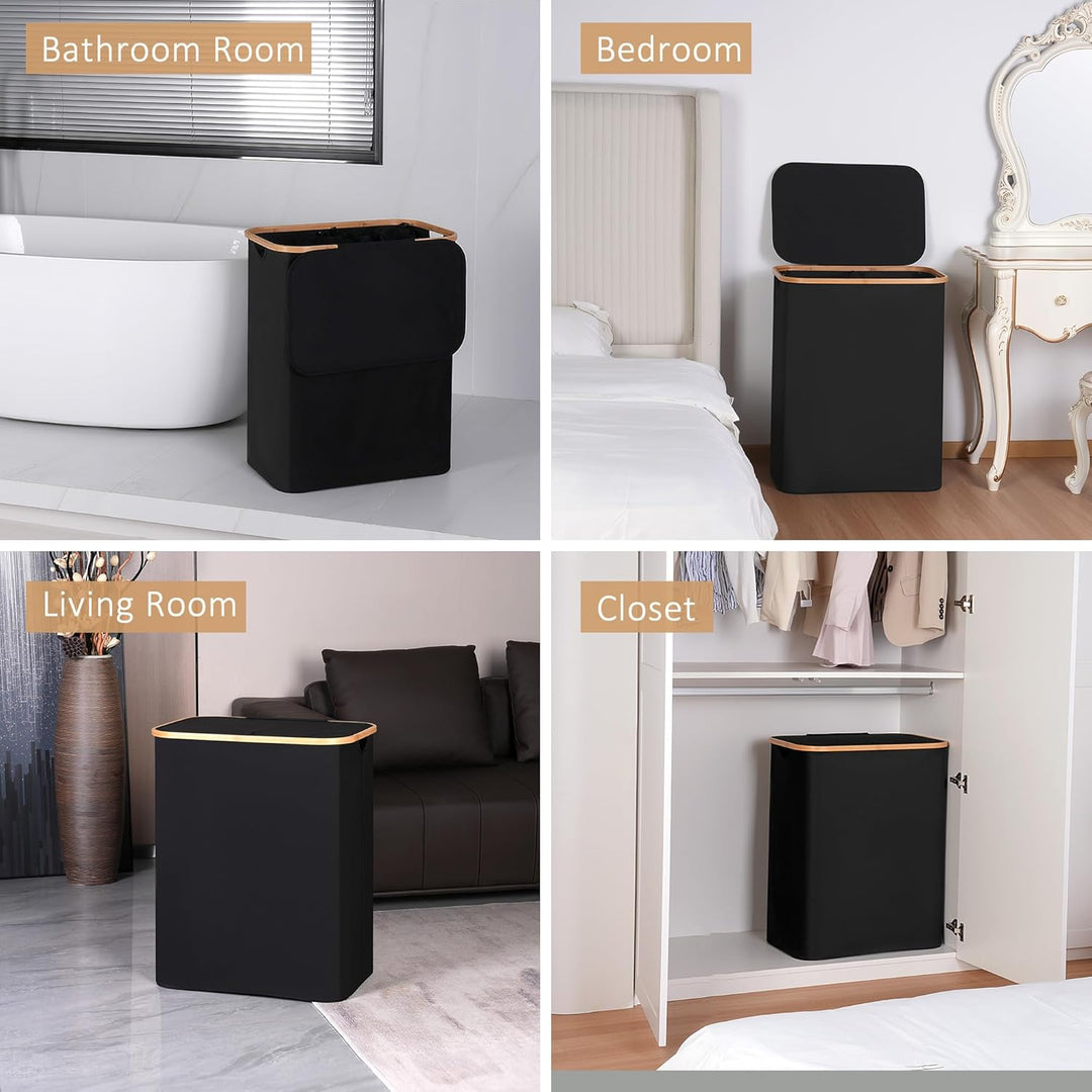 iEGrow Grosser Wäschekorb mit Deckel 150L, Wäschesammler 2 Fächer mit Herausnehmbaren und Waschbaren