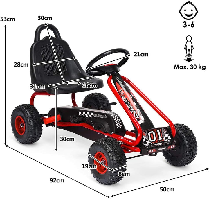 FANTASK Gokart mit verstellbarem Sitz, Go Cart mit Handbremse, Tretauto bis 30 kg belastbar, Kinderf