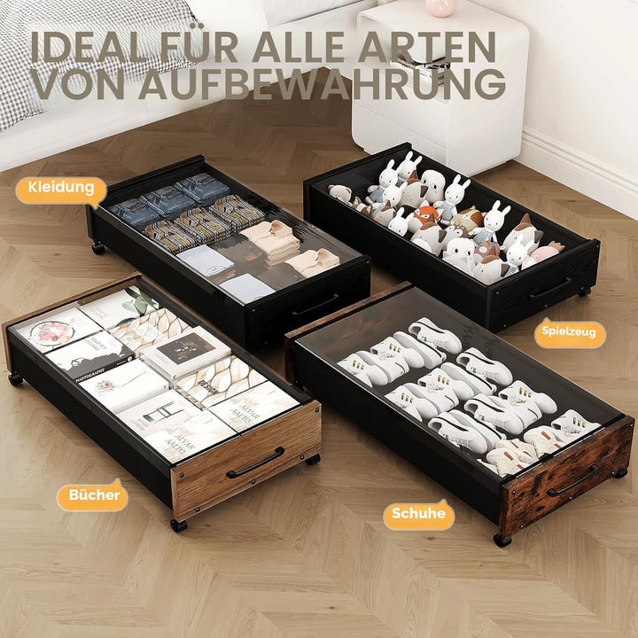 Holz-Unterbett-Aufbewahrung mit Rollen, 80L Extra-grosse rollende Unterbett-Aufbewahrungsboxen 2er-P