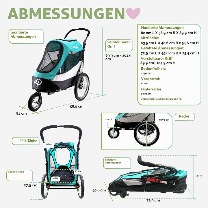 Petique Trailblazer Jogger Hundewagen für mittelgrosse Hunde &amp; Katzen, Luftreifen, verstellbarer Gri