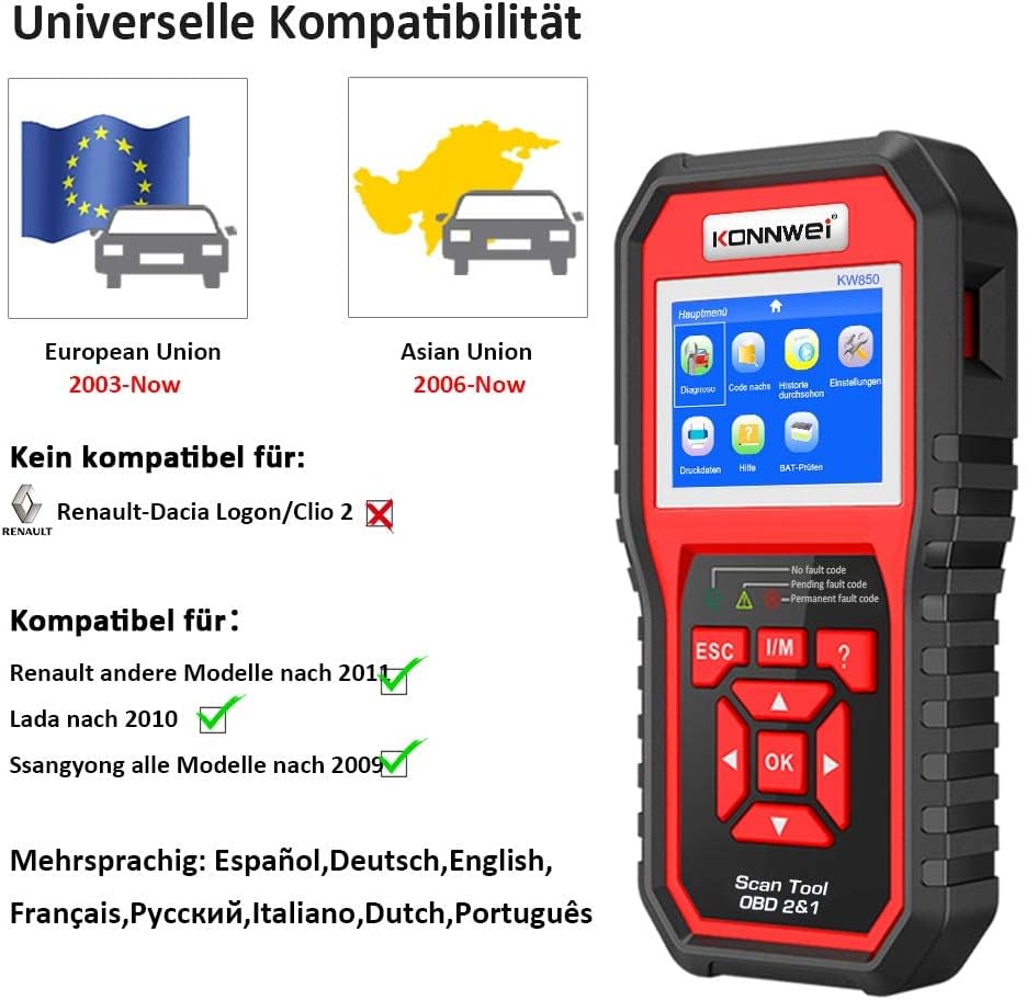KONNWEI OBD2 Diagnosegerät Universal KFZ-Fehlercode-Lesegerät für Europäische OBD II/EOBD Protokolle