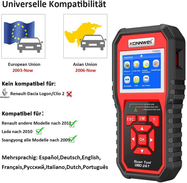 KONNWEI OBD2 Diagnosegerät Universal KFZ-Fehlercode-Lesegerät für Europäische OBD II/EOBD Protokolle