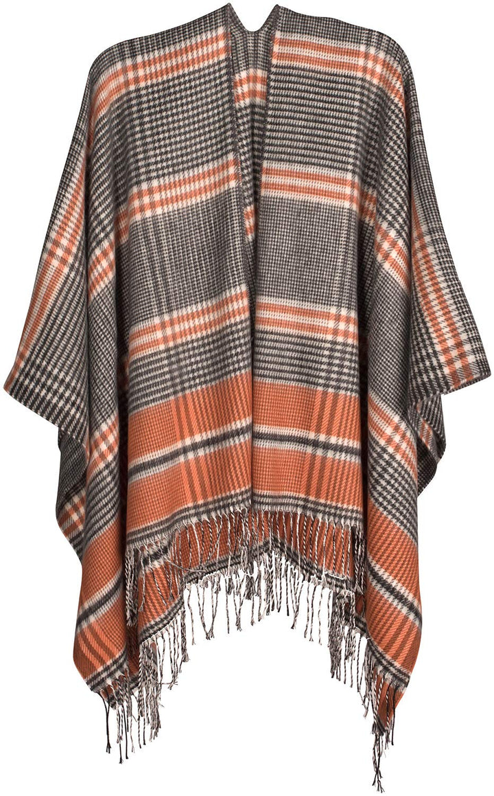 styleBREAKER Damen Cape mit Glencheck Karo Muster und Fransen, Umhang, Poncho, Damen 08010058, Farbe
