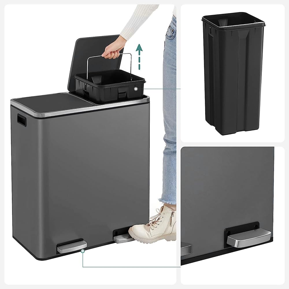 Panana Mülleimer, 60 l (2 x 30 Liter), Mülltrennsystem für die Küche, Treteimer aus Metall mit sanft
