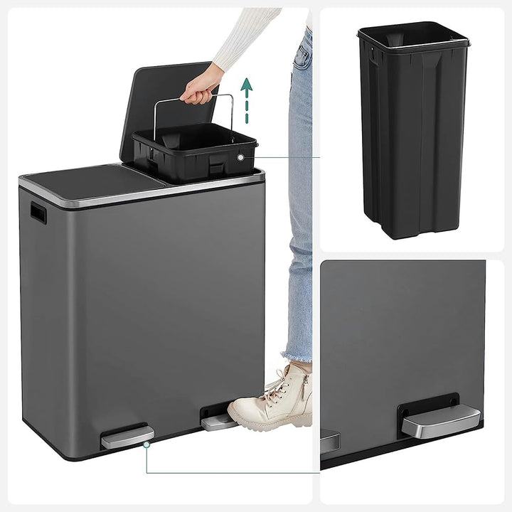Panana Mülleimer, 60 l (2 x 30 Liter), Mülltrennsystem für die Küche, Treteimer aus Metall mit sanft