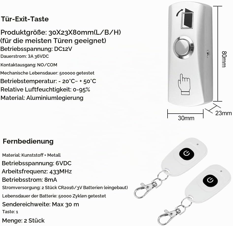 FUSYTULY Komplettes Zutrittskontrollsystem Kit Wireless 433MHz Fernbedienung Türöffner + 180KG/350lb