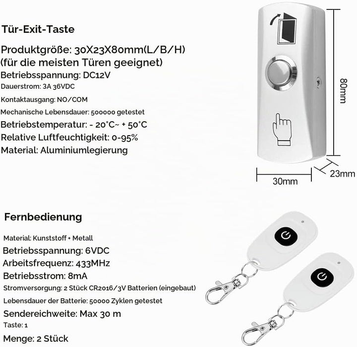 FUSYTULY Komplettes Zutrittskontrollsystem Kit Wireless 433MHz Fernbedienung Türöffner + 180KG/350lb