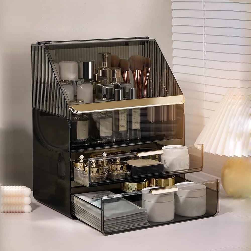 Grosse Make-up-Aufbewahrungsbox, 3-stöckig – Kosmetik-Organizer für die Theke mit Deckel, Schminktis