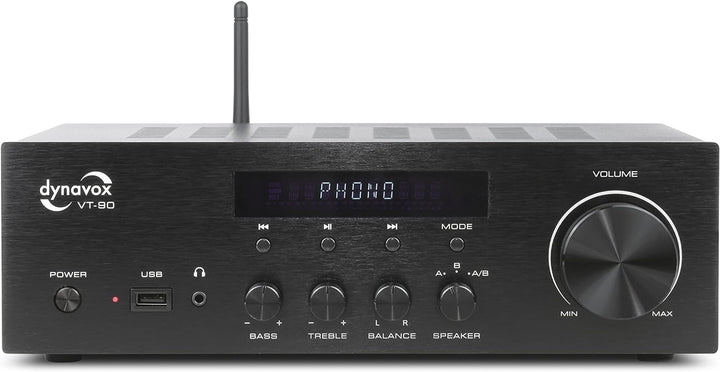 Dynavox Stereo Kompakt-Verstärker VT-90, schraubbare Anschluss-Terminals für 4 Lautsprecher, Fernbed