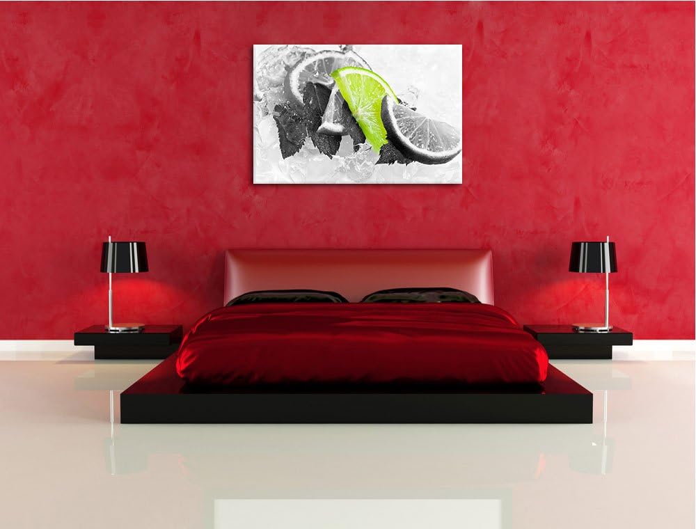 Minze mit Limetten im Eis schwarz/weiss Format: 100x70 auf Leinwand, XXL riesige Bilder fertig gerah