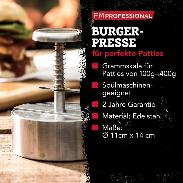 FMProfessional Burgerpresse für leckere Hamburger by Fackelmann – Hamburgerpresse mit 100g - 400g Pa