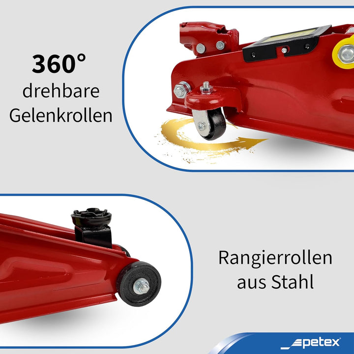PETEX Rangierwagenheber, 2 T, hydraulisch + 2X Unterstellböcke, höhenverstellbar und faltbar, 2 T, r
