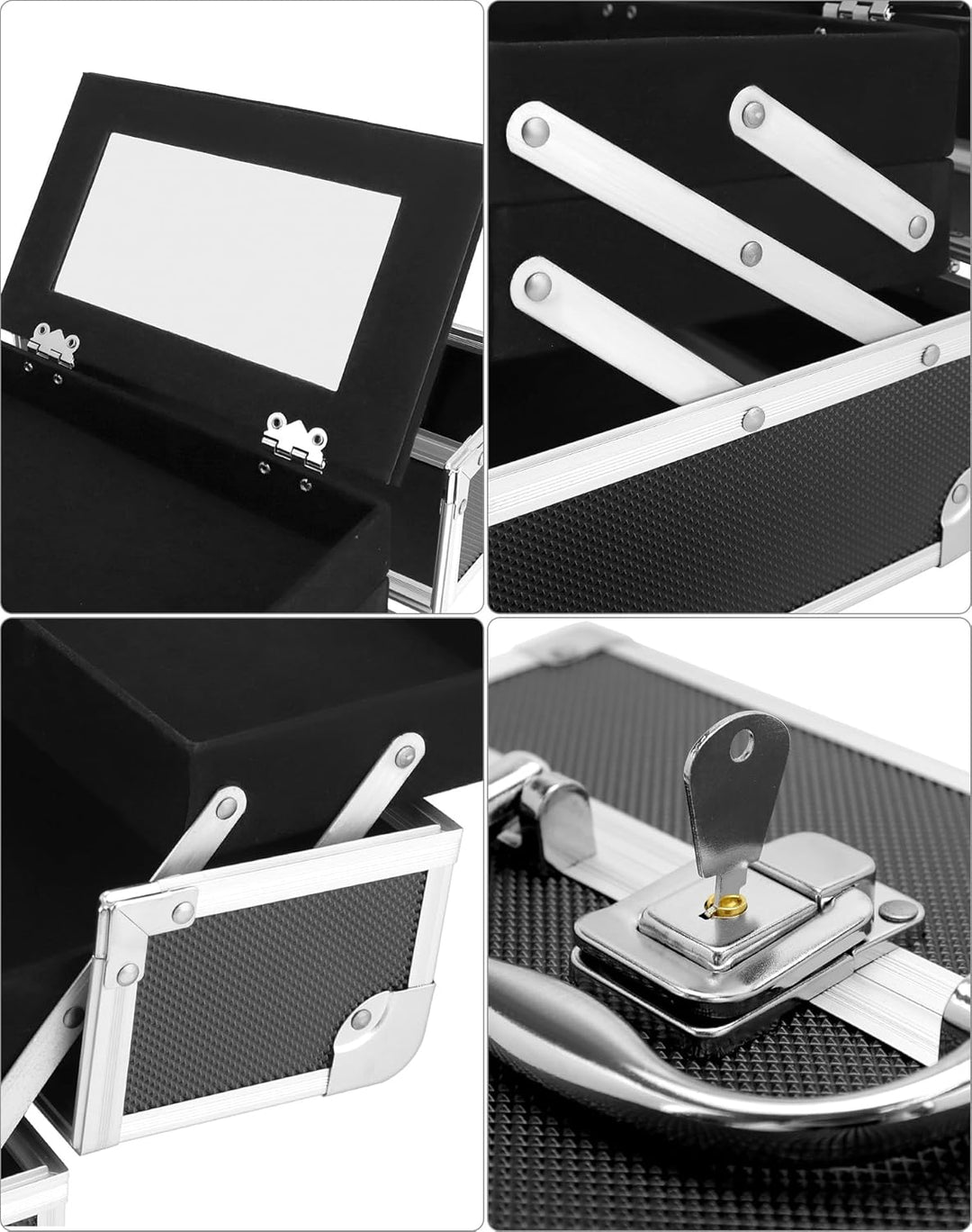 QWORK® Tragbarer Kosmetikkoffer mit Spiegel, Schminkkoffer in Schwarz, Schminkkasten Aluminiumlegier