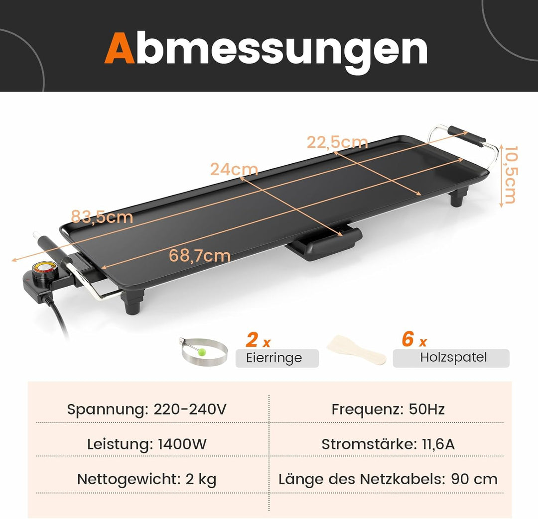 RELAX4LIFE Tischgrill elektrisch, 68,5 x 22,5 cm extra lange Teppanyaki-/Plancha-Grillplatte, Elektr
