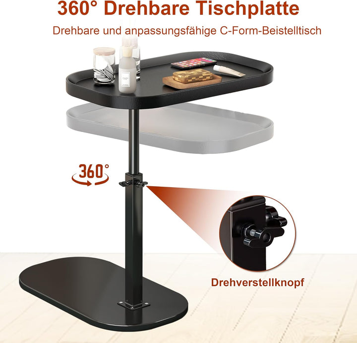 Höhenverstellbarer Beistelltisch mit erhöhtem Rand 30x45cm, Kleiner C-Form Betttisch Sofatisch mit 3