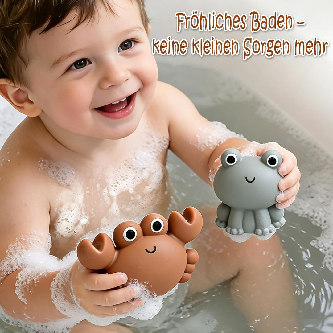 Niedliches Tier-Badespielzeug-Set– 12 Stück Schwimmende Meerestiere aus Weichgummi mit Kescher, Ohne