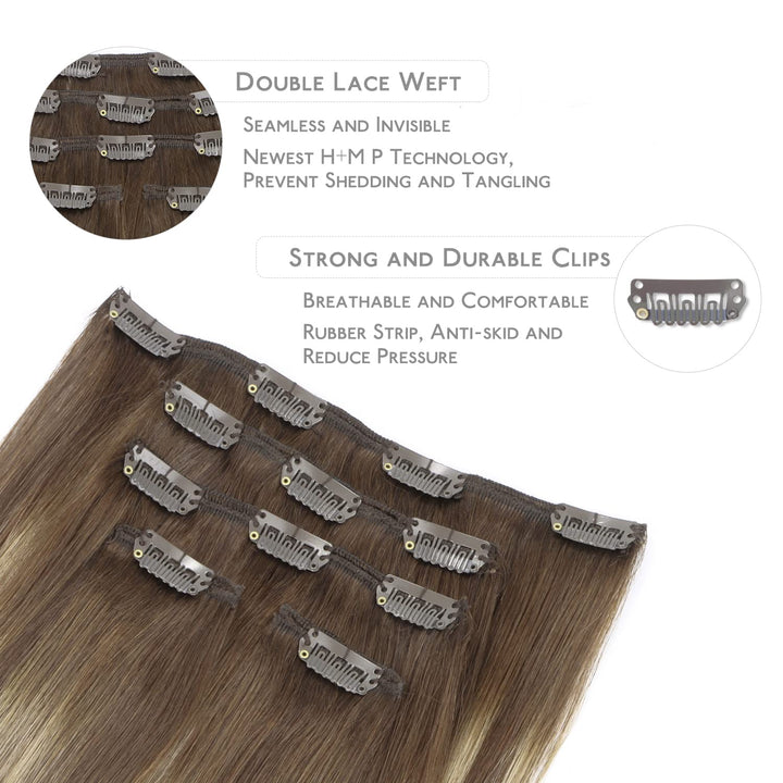WENNALIFE Clip in Extensions Echthaar, 75g 5pcs 40cm Balayage Schokoladenbraun bis Honigblond Extens