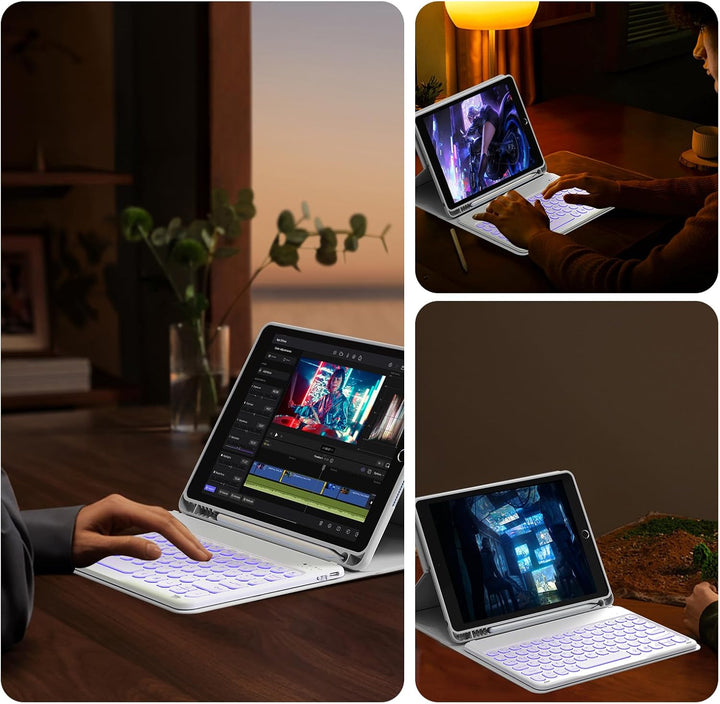 aoub Hülle mit Tastatur für iPad 9./ 8. / 7. Generation, Beleuchtete Tastatur mit Hülle für iPad 10,