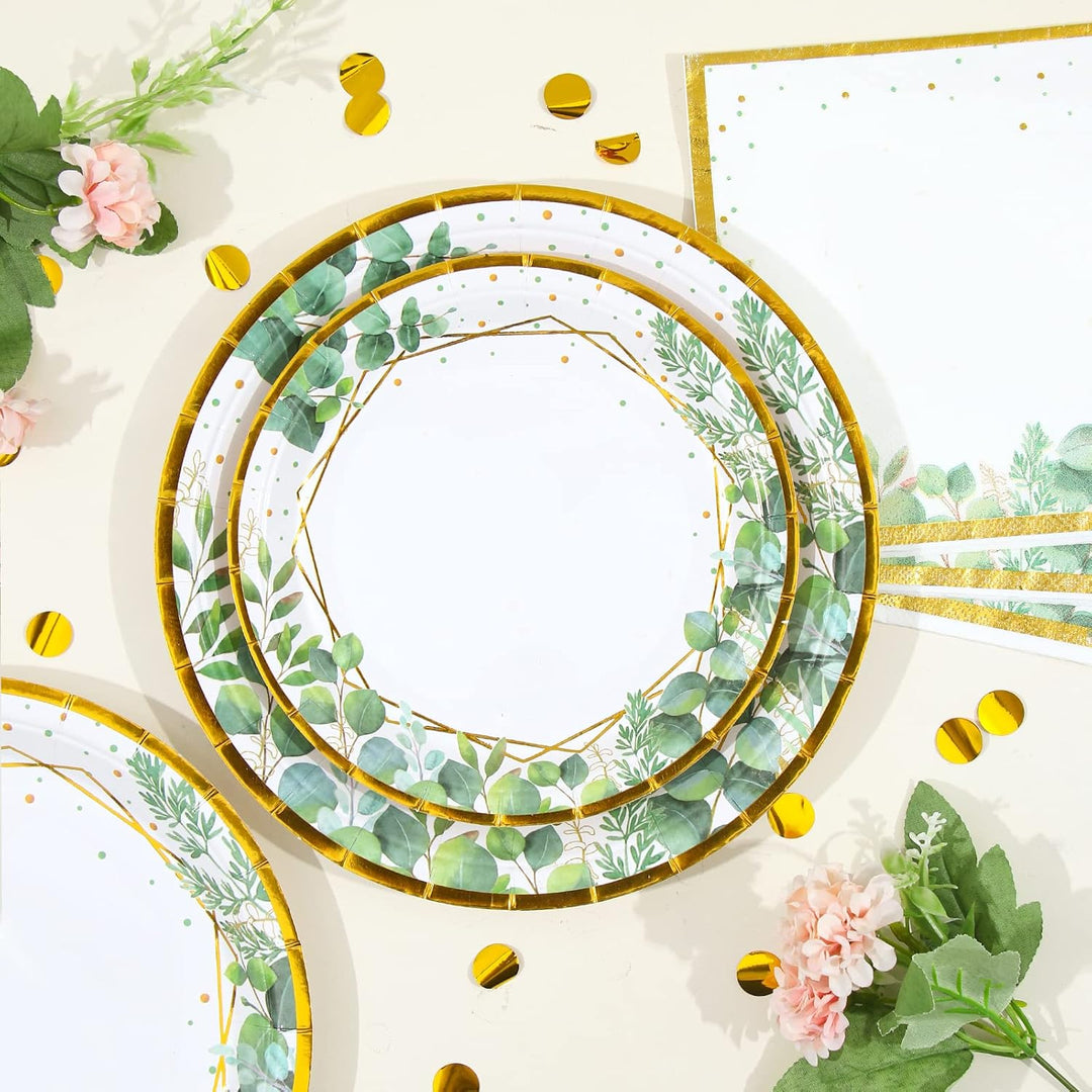 Grün Partygeschirr Set,96Pcs Green Gold Baby Shower Pappteller,Olive Grün Einwegteller Set mit Pappt