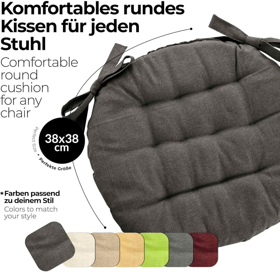 etérea 8er Set Sitzkissen Outdoor 38x38 Rund mit Bändern - Stuhlkissen Anthrazit für Gartenstuhl &amp; I