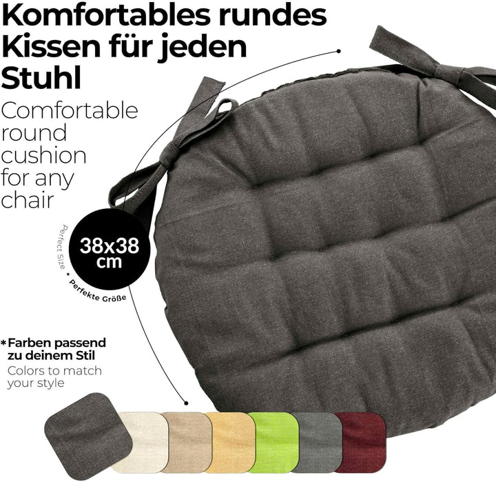 etérea 8er Set Sitzkissen Outdoor 38x38 Rund mit Bändern - Stuhlkissen Anthrazit für Gartenstuhl &amp; I