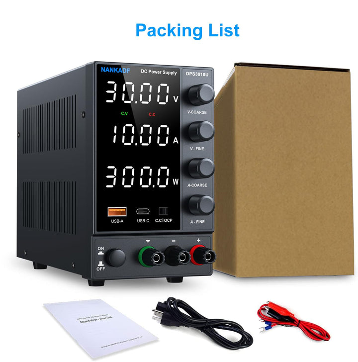 Labornetzgerät einstellbar 30V 10A, Variables DC-Netzteil mit USB-A/Typ-c-Schnellladeanschluss, hoch