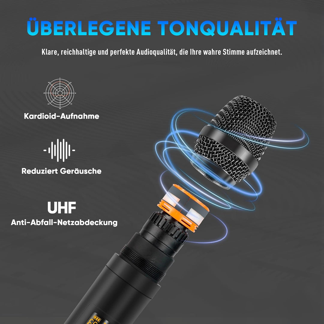 Karaoke Mischpult mit 2 kabellosen Mikrofonen, 4-Kanal Audio Mixer DJ Konsole Musik Soundboard Draht