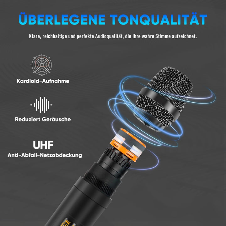 Karaoke Mischpult mit 2 kabellosen Mikrofonen, 4-Kanal Audio Mixer DJ Konsole Musik Soundboard Draht