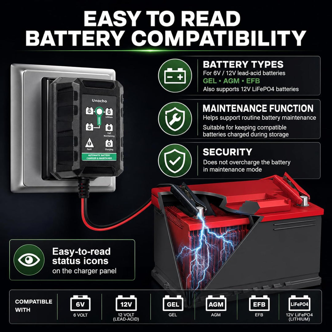 Unocho Automatisches Smart-Ladegerät für 6V 12V Blei-Säure-Batterien 14,4V LiFePO4 Lithium-Batteriel