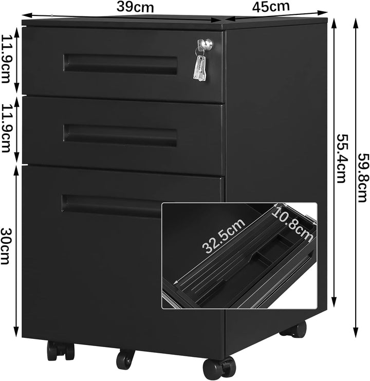 WOLTU Rollcontainer Metall, Mobiler Aktenschrank Büroschrank mit 3 Schubladen Bürocontainer, abschli