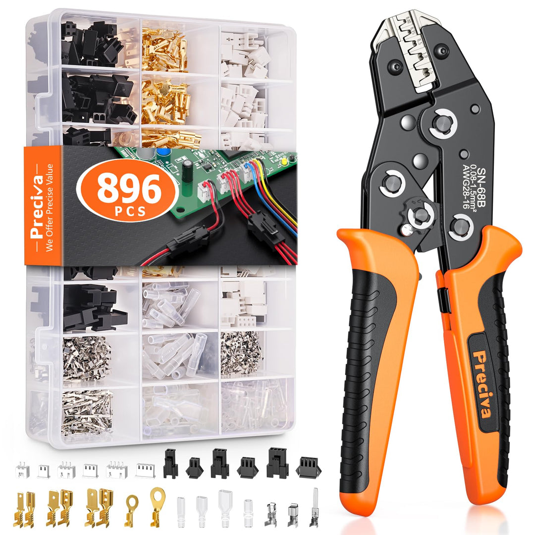 Preciva Crimpzange Stecker Set, 896 Stück Crimpbereich 0,08/0,25/0,5/1,0/1,5mm²,für DuPont, JST (XH/
