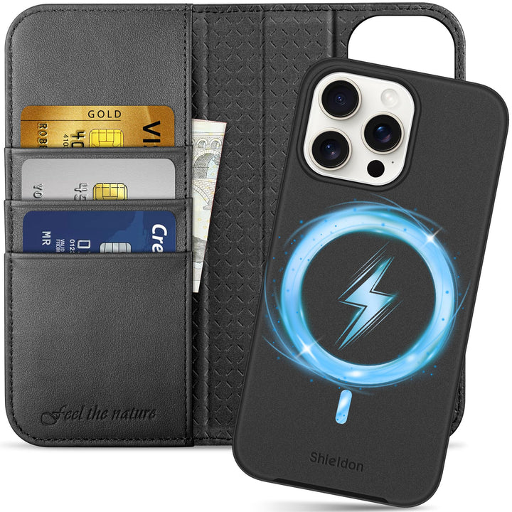 SHIELDON Hülle für iPhone 15 Pro Max, Echtleder Handyhülle [Abnehmbar] [kabelloses Laden] [Kartenfac