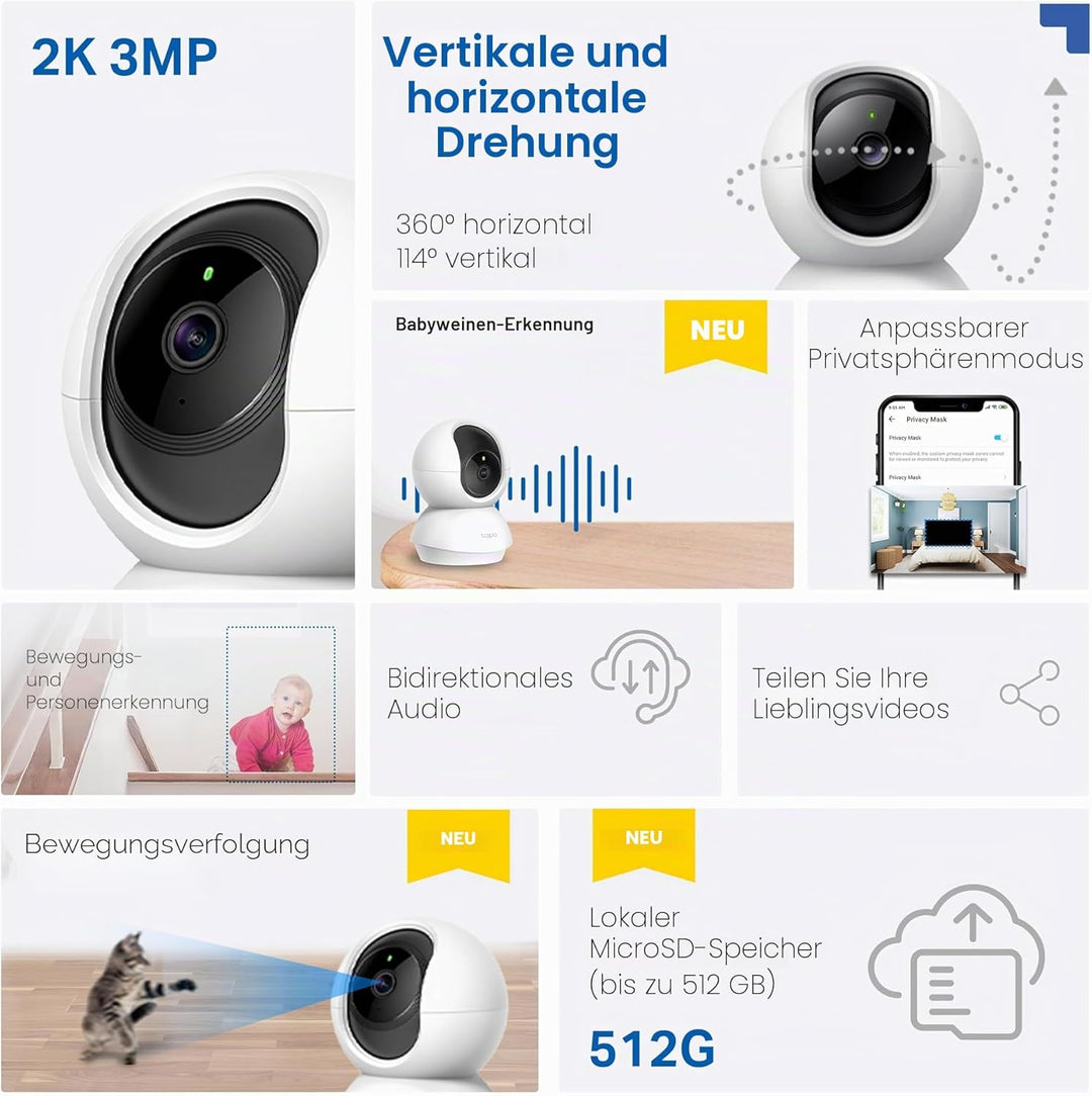 Tapo C21A 2K 3MP Überwachungskamera innen 360°, Nachtsicht, Bewegungserkennung, Zwei-Wege-Audio, Bab
