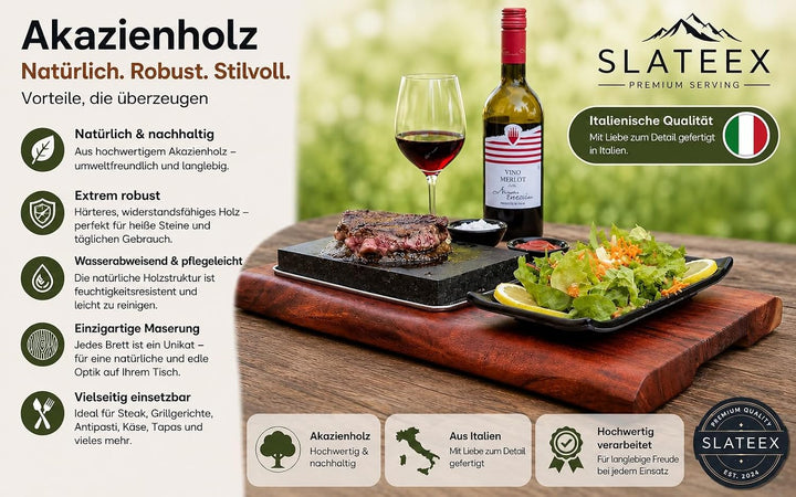 Premium Heisser Stein Steak Set – Speckstein mit massivem Akazienholzbrett, Edelstahlschale &amp; 3 Dip-