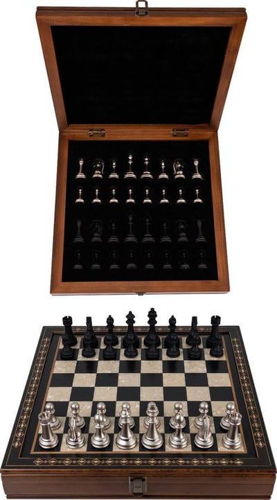Handgefertigtes Holz Schachbrett mit Aufbewahrungssystem, Schachfiguren aus Metall, Deluxe Edition,