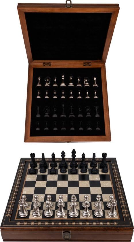Handgefertigtes Holz Schachbrett mit Aufbewahrungssystem, Schachfiguren aus Metall, Deluxe Edition,