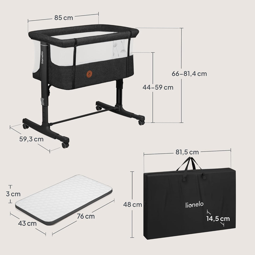 Lionelo Aurora 3 in 1 Babybett bis 9 kg, Beistellbett, Wiege, Höhenverstellug und Einstellung der Ne