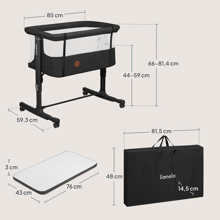Lionelo Aurora 3 in 1 Babybett bis 9 kg, Beistellbett, Wiege, Höhenverstellug und Einstellung der Ne